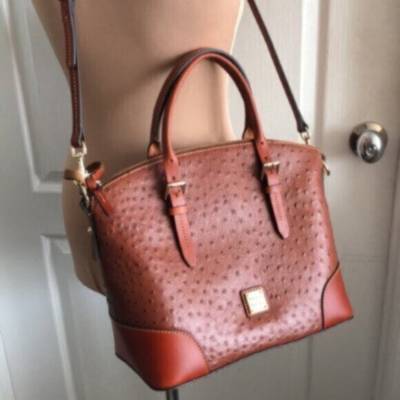 Dooney & Bourke Ostrich Domed Satchel Cognac Shoulder Leather Handbag Purse - Picture 11 of 14